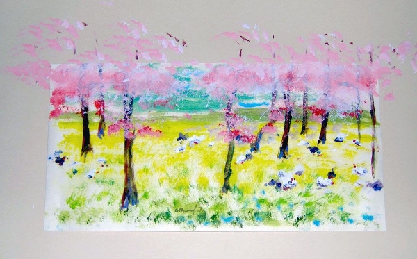 Branciforte, "Campo e mandorli in fiore", tempera su carta e cartoncino - in apertura "Paesaggio fluviale #2", 2014, olio su cartone telato