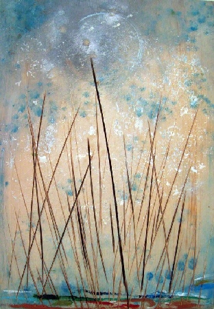 Branciforte, "Aurora con tagli #2", 2014, olio su tavola incisa - in apertura "Paesaggio fluviale #5", 2014, olio su tavola 