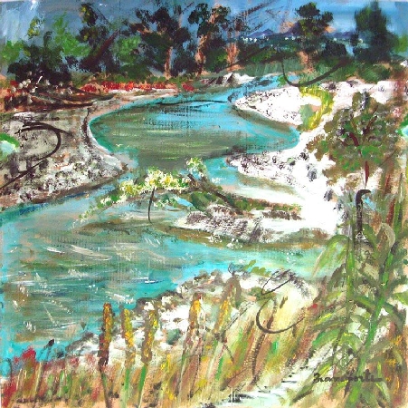 Branciforte, "Paesaggio fluviale #4", 2014, olio su cartone telato - in apertura "Diagonale", 2014, olio e papier collè su cartone