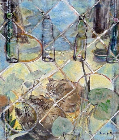 Branciforte, "Bottiglie di plastica", 2015, olio su tela - in apertura  "Gatto di Steinberg sulla panchina", 2013, olio, acrilico e papier collè su tavola