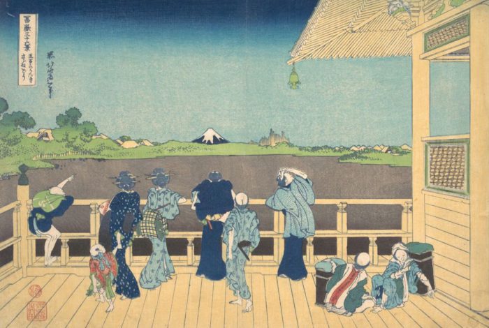 Katsushika Hokusai, "Padiglione Sazai al tempio dei cinquecento Arhats", 1830/32 - in apertura "Poema di Akazome Emon, dalla serie Cento poemi spiegati dalla balia", MET Museum New York